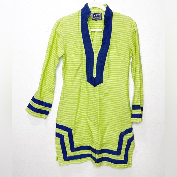 STS Sail to Sable Linen Tunic Dress Size 00 Lime Green Stripe Navy Blue Trim - Picture 1 of 5